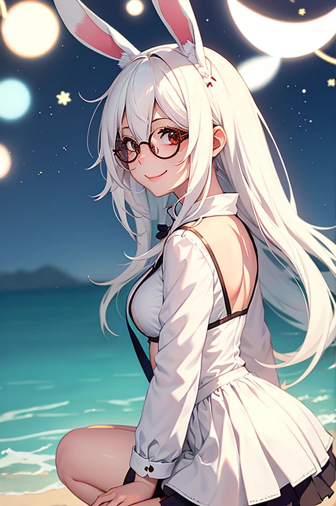 anime girl with bunny ears, white hair and round glasses looking at the viewer smiling