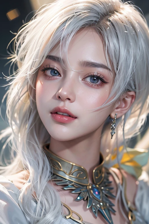 (masterpiece:1.3), (8k, Realistic, RAW Photos, Best image quality: 1.4), Fair-skinned fairy woman、Long Hair、Cleavage:2.0、Highly detailed face、Attention to detail、double eyelid、Chest to chest、Sharp focus:1.2、Beautiful woman:1.4、Silvery white hair、Highest quality、masterpiece、Ultra-high resolution、(Realistic:1.4)、Highly detailed and professionally lit smiles、Loose, Light, futuristic clothing、Shoulder out、thin、Serious expression、Short-haired、Deadly position, Gorgeous Accessories, One person