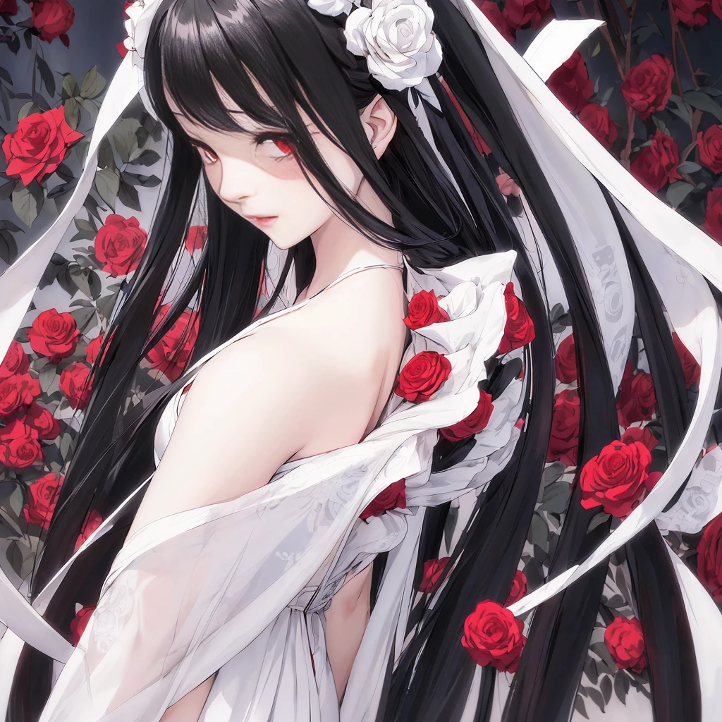 Anime girl with long black hair and white dress with red roses, Gu Weiss, Gu Weiss on pixiv artstation, Detailed digital anime art, Beautiful anime girl, Gu Weiss on artstation pixiv, Anime style 4k, guys, Beautiful anime portrait, Detailed portrait of anime girl, Beautiful anime woman, Detailed anime art