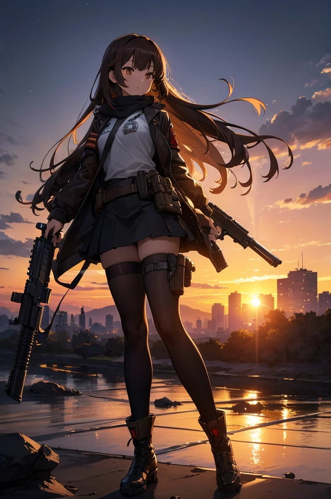 Cityscape, building, Skyline, sunset, Silhouette with cumulonimbus clouds in the background, meditation. Watching the beautiful sunset, sunset時に, sunset時, sunsetとともに, In the sunset, Nice views, Sunset view, With the sunset, sunset時に, During Golden Hour, looking sunset時に, Sunset in the background, Watching the sunset, In the spotlight, holding_gun, assault_rifle, Very detailed, Brown Hair, Long Hair, Anime Style, whole body, alone, Stylish Gunfighter Girl, Holding a steampunk long barrel pistol, The background is a dark and desolate landscape, Horror movie atmosphere. Her figure is very beautiful, Emphasizing the dark and crazy elements. Skillfully expressing the effects of light and shadow, Anime girls with guns and rifles, from Girls&#39; Frontline