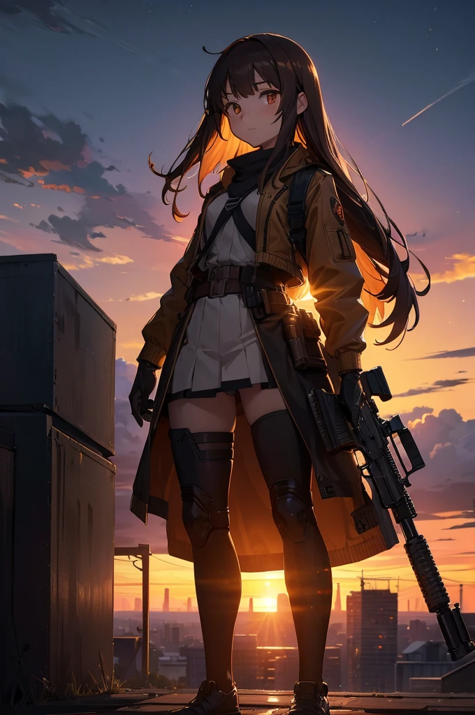 Cityscape, building, Skyline, sunset, Silhouette with cumulonimbus clouds in the background, meditation. Watching the beautiful sunset, sunset時に, sunset時, sunsetとともに, In the sunset, Nice views, Sunset view, With the sunset, sunset時に, During Golden Hour, looking sunset時に, Sunset in the background, Watching the sunset, In the spotlight, holding_gun, assault_rifle, Very detailed, Brown Hair, Long Hair, Anime Style, whole body, alone, Stylish Gunfighter Girl, Holding a steampunk long barrel pistol, The background is a dark and desolate landscape, Horror movie atmosphere. Her figure is very beautiful, Emphasizing the dark and crazy elements. Skillfully expressing the effects of light and shadow, Anime girls with guns and rifles, from Girls' Frontline