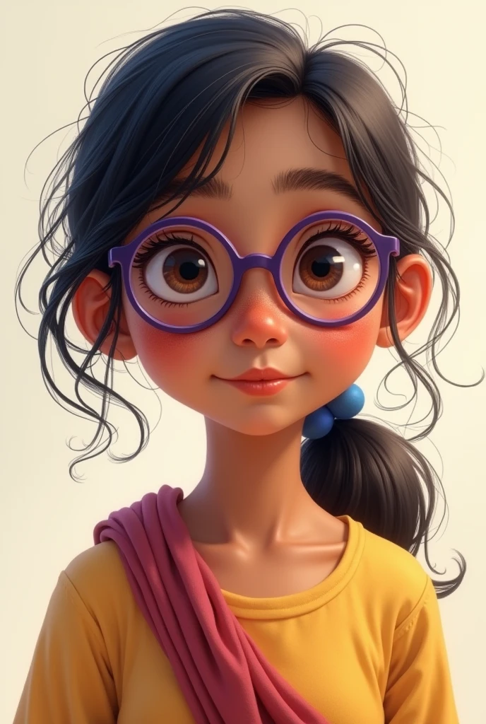 A cute, slightly chubby Indian teen girl who wears rounded purple frame glasses with a low ponytail; button nose with long hair , with some acne; realistic