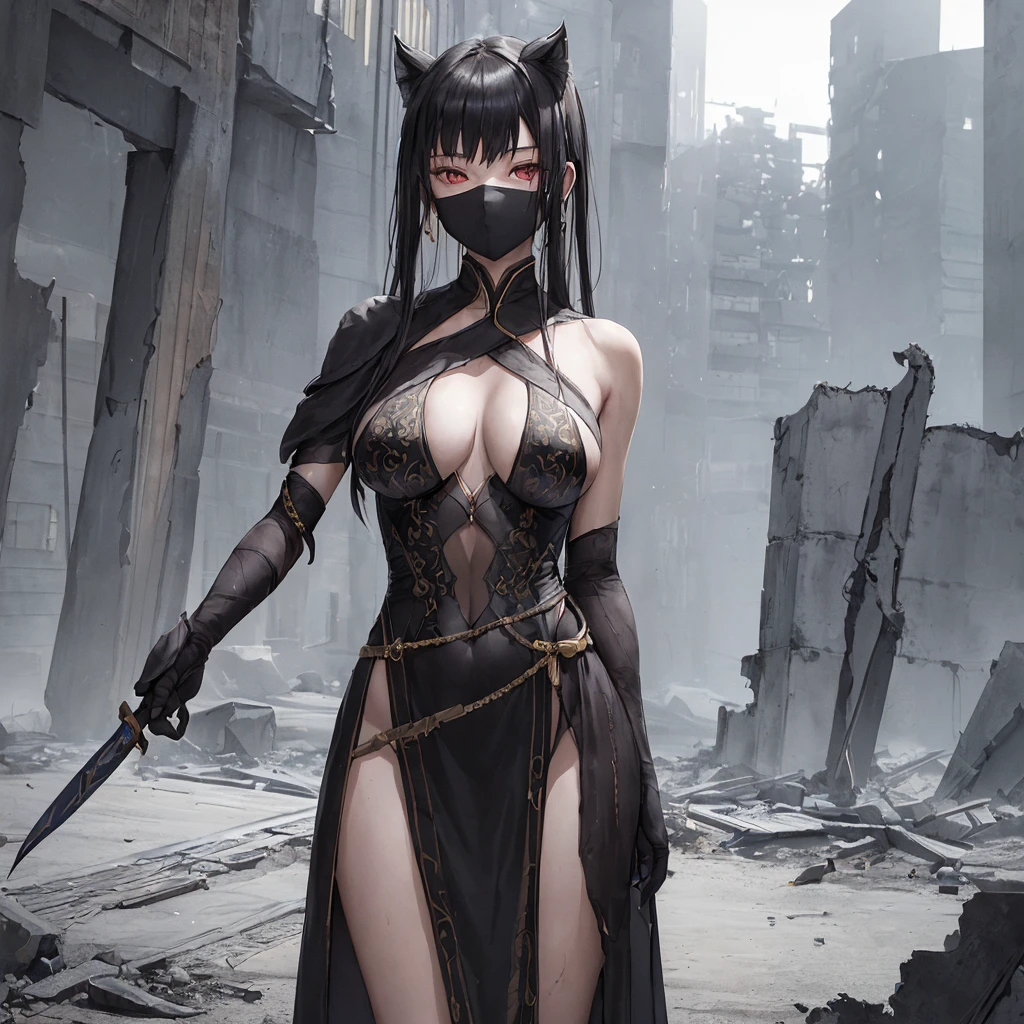 1 Girl, (Well-proportioned body), (Solitary), 19 years old,  HDR, Set, 华 莲 stands in the semi-darkness of a ruined building surrounded by opponents. Her black robe clung to her body., As if with a shadow, The golden pattern on the mask glitters in the dim light. sharp, The elegant blade gleams in her hand.