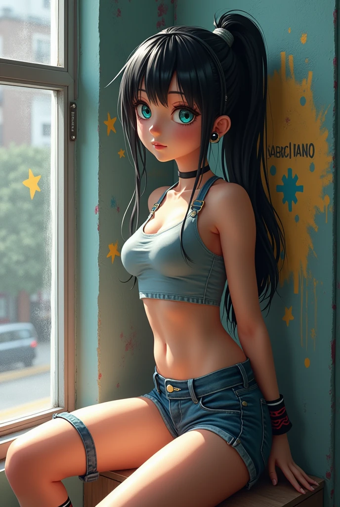 ((masterpiece)),(Realistic), 32K, (One girl), ((From the side)) mannequin,Beautiful woman with perfect figure, Cute Face, Beautiful expression, (A vivid face), Beautiful hairstyle, Realistic eyes, Beautiful details, (Realistic Skin), Beautiful skins, sitting by the window, Hyper HD, Ultra-realistic, Realistic, Very detailed, Breaking Female Soldier Solo, Crop top, Denim shorts, choker, (graffiti:1.5), Paint splashes, Put your arms behind your back, Against the wall, Looking up at the viewer, Wristband, Thigh straps, Paint on body, Tilt your head, i'm bored, Multicolored Hair, Aqua Eye, headset,In a completely different expression。