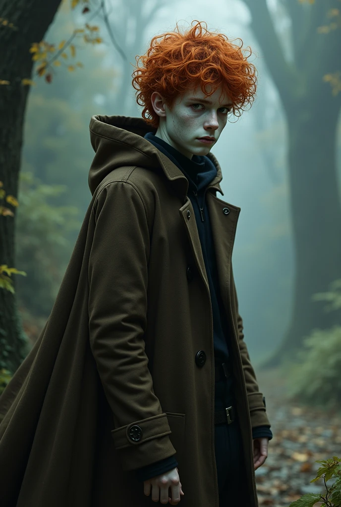 An 18-year-old boy who is a ghost in a fantasy world. He has pale skin but his veins stand out as dark lines. He is a redhead., curly and his eyes are black. Wear a long brown coat and a cape with a hood. Realistic style. You must have thick, black lines on your face..