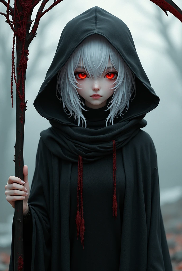 Create a 17 year old, with a serene expression, white  hair, crimson red eyes, 1,76 tall, wearing a black hooded overcoat and carrying a scythe