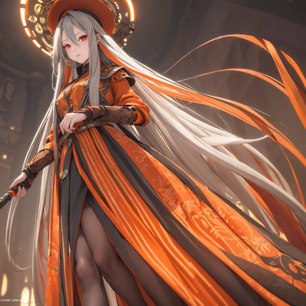 (masterpiece), best quality, Extremely detailed, illustration, Warm lighting, Vibrant colors, 1 Girl, Solitary, Very long hair, Gray hair, Orange Hair, Orange undercoat, Red Eyes, Colored undercoat, Two-tone hair, Ahog, Absurdly long hair, orange Colored undercoat, Colorful hair, Halo, , , Tights, Flowing long hair, wind, Close one eye, staff, skirt, armor, hat, floating,, ,  