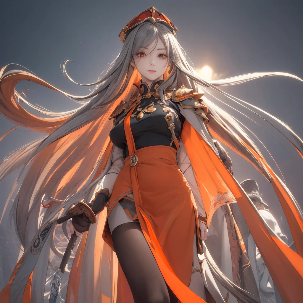 (masterpiece), best quality, Extremely detailed, illustration, Warm lighting, Vibrant colors, 1 Girl, Solitary, Very long hair, Gray hair, Orange Hair, Orange undercoat, Red Eyes, Colored undercoat, Two-tone hair, Ahog, Absurdly long hair, orange Colored undercoat, Colorful hair, Halo, , , Tights, Flowing long hair, wind, Close one eye, staff, skirt, armor, hat, floating,, ,