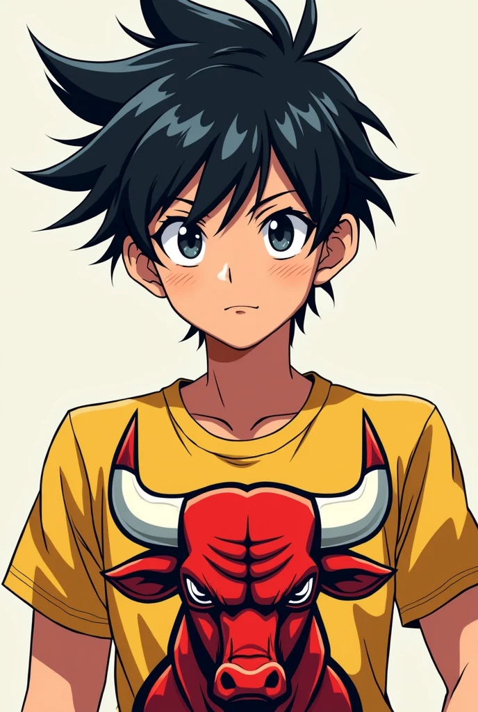 Generates an 18 year old anime boy with black hair wearing a bulls shirt