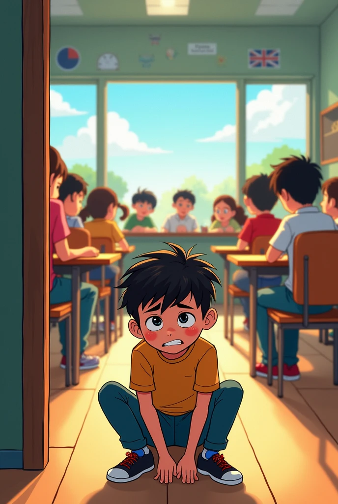 Please draw me a classmate who is  in the corner of the class. He is surrounded by classmates. Because he likes to solve problems with force, he has no friends around him.。(Children&#39;s animation）