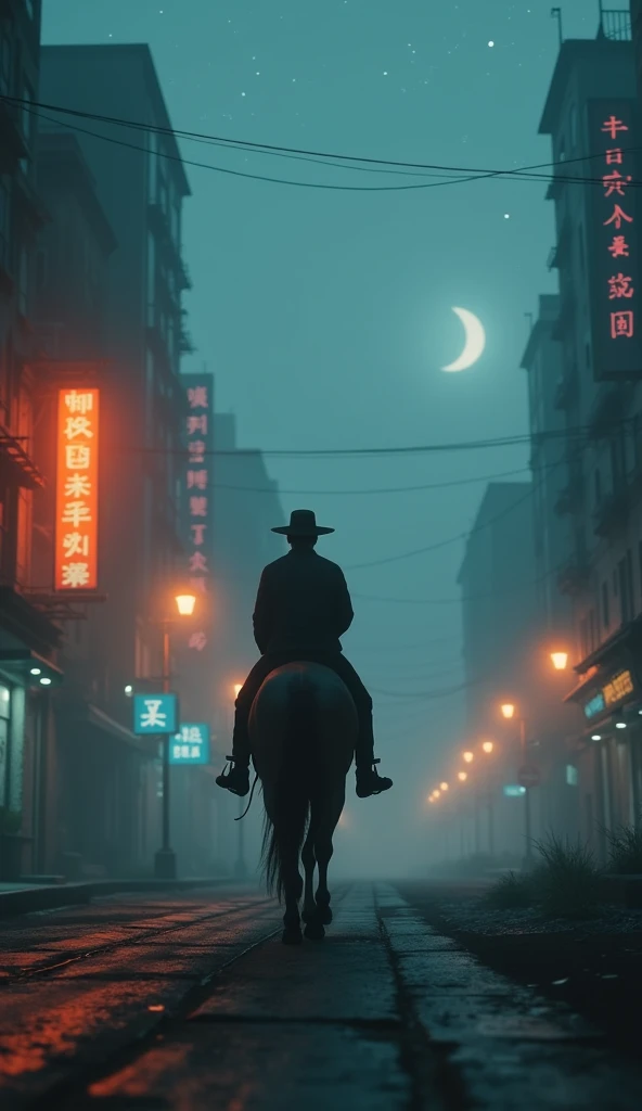 (canon 50),(Rendered by Octane),8k, dramático cinematic lighting, hyperrealisti, ultra complex, ultra definition , A foggy night, in a cyberpunk city with old and abandoned buildings, the moon is waning and very distant from view, but the starry sky and the orange lights of the streetlights illuminate the vastness a little, as do the neon lights of the advertising signs, having a man on his horse, with a northeastern bandit hat, seeks light in the midst of chaos.