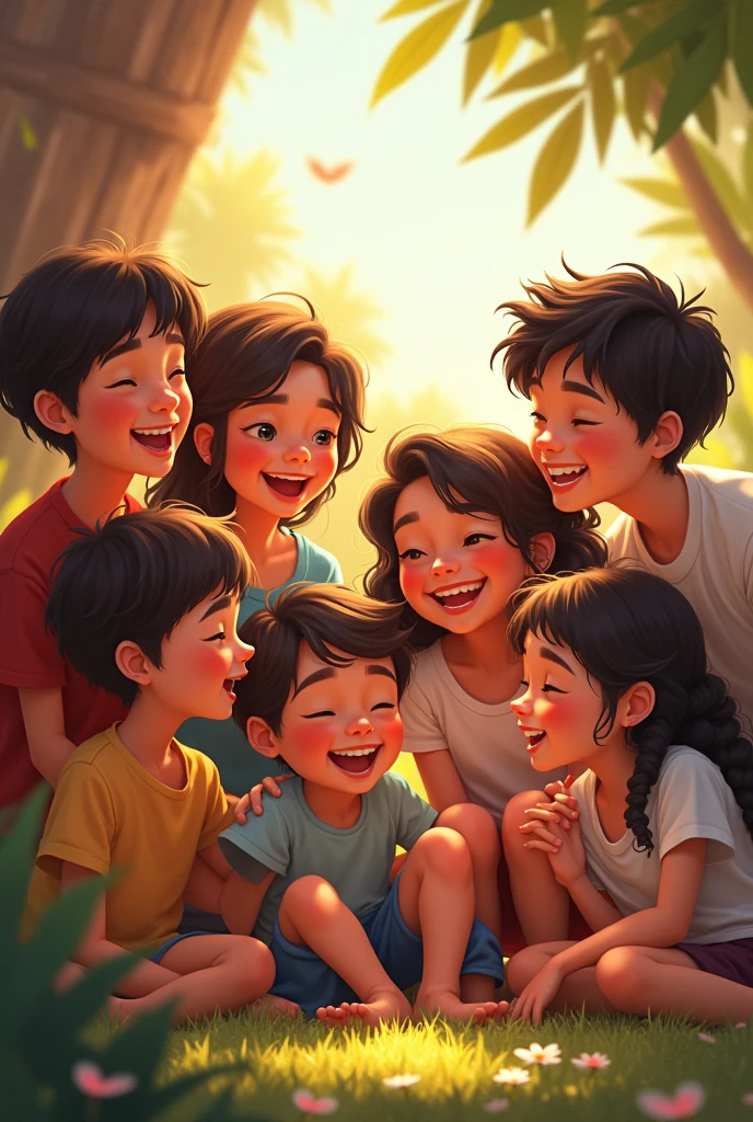 A gorup of cousins contain 5 girls and 2 boys laughing and siting