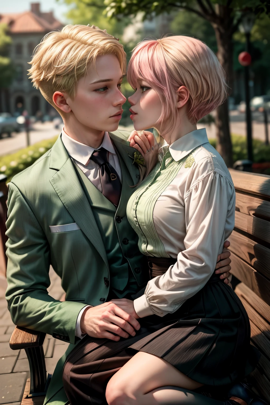 (masterpiece, best quality:1.2), high resolution, intricate details, extremely detailed, realistic and sharp details, (full body), hetero, couple, ((anya \(spy x family\), pink hair, short bob hair, green eyes, 10 yo female child, sitting on his lap, school uniform)), ((1boy, blonde hair, wearing light green business suit)), (couple sitting on public bench and kissing), detailed face, detailed eyes, pale skin, photo background, outdoors, 