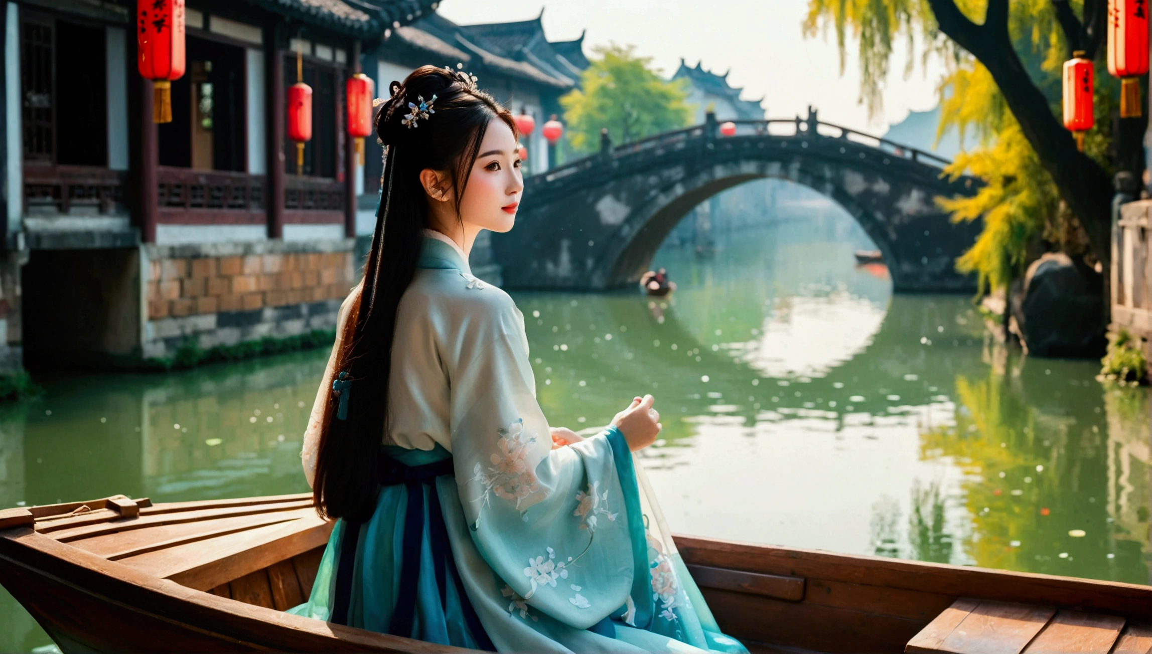 (8k，bright颜色，bright，Ultra high saturation，rgb, rich and colorful), cartoon, role conception, Surreal photos，Fantasy Garden，Aesthetic healing，moon，Star，Beautiful and poetic，Minimalism平面插画，Jiangnan countryside in summer，Beautiful modern Wuzhen，Beautiful long-haired girl sitting in a boat，Wearing modern Hanfu，Behind is a crowded stone bridge，Super happy，joy，The skyline in the distance，A fusion of ancient and modern，Bustling tourist crowd，Full of poetry，Clean background，Dynamic，Hazy feeling，Layering，Has a stunning visual effect，Fascinating lighting，Bright and vivid colors，Chiaroscuro，Wu Guanzhong Style，Flat，Minimalism，high quality，High Detail，HD晰，masterpiece，masterpiece，The painting style is meticulous，Refreshing colors，HD，in the style of Pre-Raphaelite Brotherhood