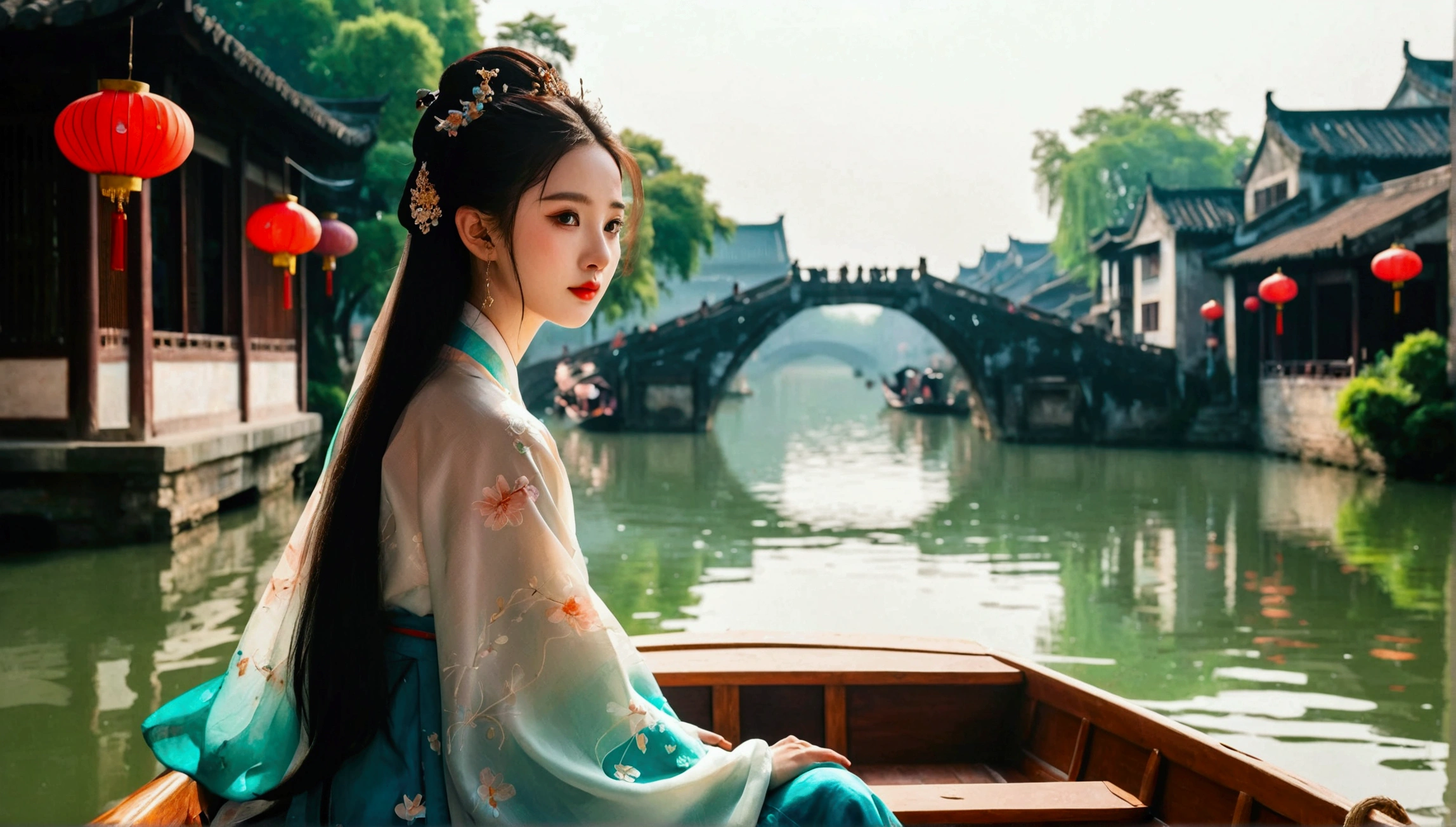 (8k，bright颜色，bright，Ultra high saturation，rgb, rich and colorful), cartoon, role conception, Surreal photos，Fantasy Garden，Aesthetic healing，moon，Star，Beautiful and poetic，Minimalism平面插画，Jiangnan countryside in summer，Beautiful modern Wuzhen，Beautiful long-haired girl sitting in a boat，Wearing modern Hanfu，Behind is a crowded stone bridge，Super happy，joy，The skyline in the distance，A fusion of ancient and modern，Bustling tourist crowd，Full of poetry，Clean background，Dynamic，Hazy feeling，Layering，Has a stunning visual effect，Fascinating lighting，Bright and vivid colors，Chiaroscuro，Wu Guanzhong Style，Flat，Minimalism，high quality，High Detail，HD晰，masterpiece，masterpiece，The painting style is meticulous，Refreshing colors，HD，in the style of Pre-Raphaelite Brotherhood