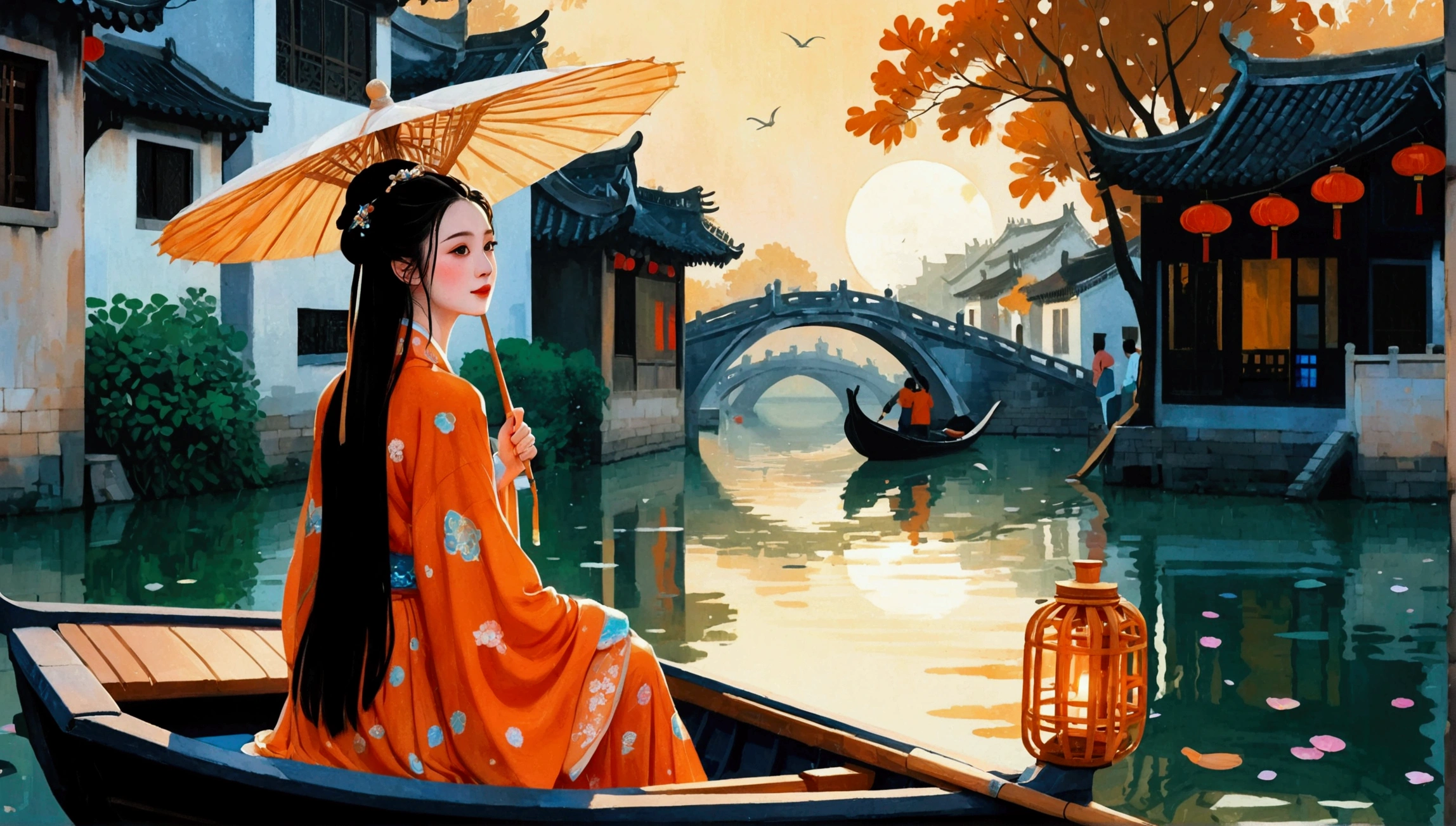 (8k，bright颜色，bright，Ultra high saturation，rgb, rich and colorful), cartoon, role conception, Surreal photos，Fantasy Garden，Aesthetic healing，moon，Star，Beautiful and poetic，Minimalism平面插画，Jiangnan countryside in summer，Beautiful modern Wuzhen，Beautiful long-haired girl sitting in a boat，Wearing modern Hanfu，Behind is a crowded stone bridge，Super happy，joy，The skyline in the distance，A fusion of ancient and modern，Bustling tourist crowd，Full of poetry，Clean background，Dynamic，Hazy feeling，Layering，Has a stunning visual effect，Fascinating lighting，Bright and vivid colors，Chiaroscuro，Wu Guanzhong Style，Flat，Minimalism，high quality，High Detail，HD晰，masterpiece，masterpiece，The painting style is meticulous，Refreshing colors，HD，in the style of Pre-Raphaelite Brotherhood