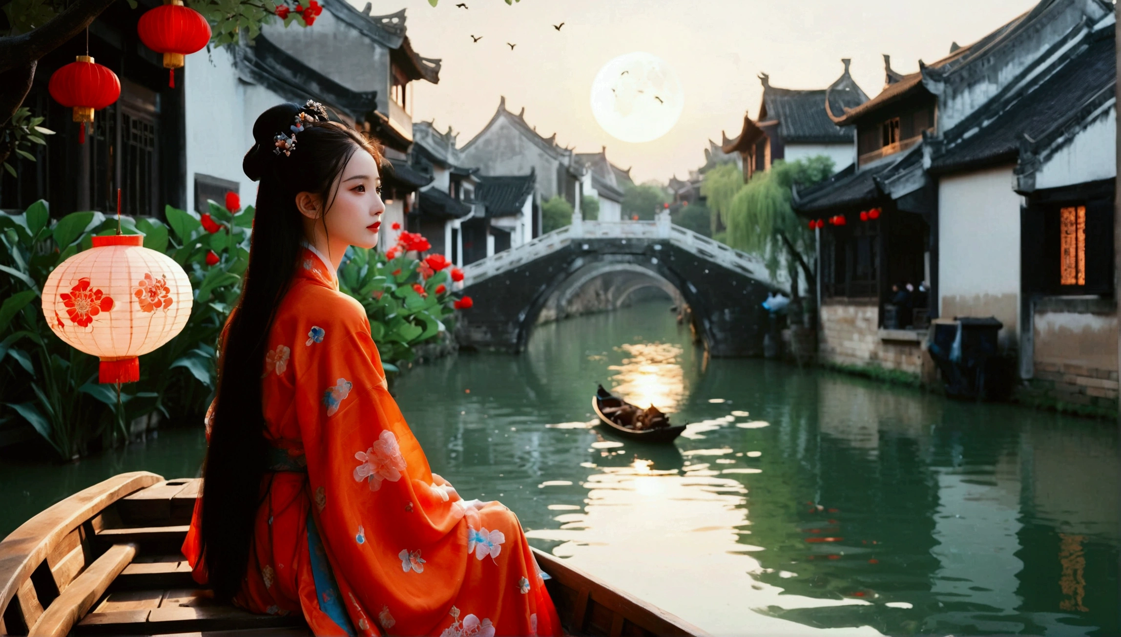 (8k，bright颜色，bright，Ultra high saturation，rgb, rich and colorful), cartoon, role conception, Surreal photos，Fantasy Garden，Aesthetic healing，moon，Star，Beautiful and poetic，Minimalism平面插画，Jiangnan countryside in summer，Beautiful modern Wuzhen，Beautiful long-haired girl sitting in a boat，Wearing modern Hanfu，Behind is a crowded stone bridge，Super happy，joy，The skyline in the distance，A fusion of ancient and modern，Bustling tourist crowd，Full of poetry，Clean background，Dynamic，Hazy feeling，Layering，Has a stunning visual effect，Fascinating lighting，Bright and vivid colors，Chiaroscuro，Wu Guanzhong Style，Flat，Minimalism，high quality，High Detail，HD晰，masterpiece，masterpiece，The painting style is meticulous，Refreshing colors，HD，in the style of Pre-Raphaelite Brotherhood