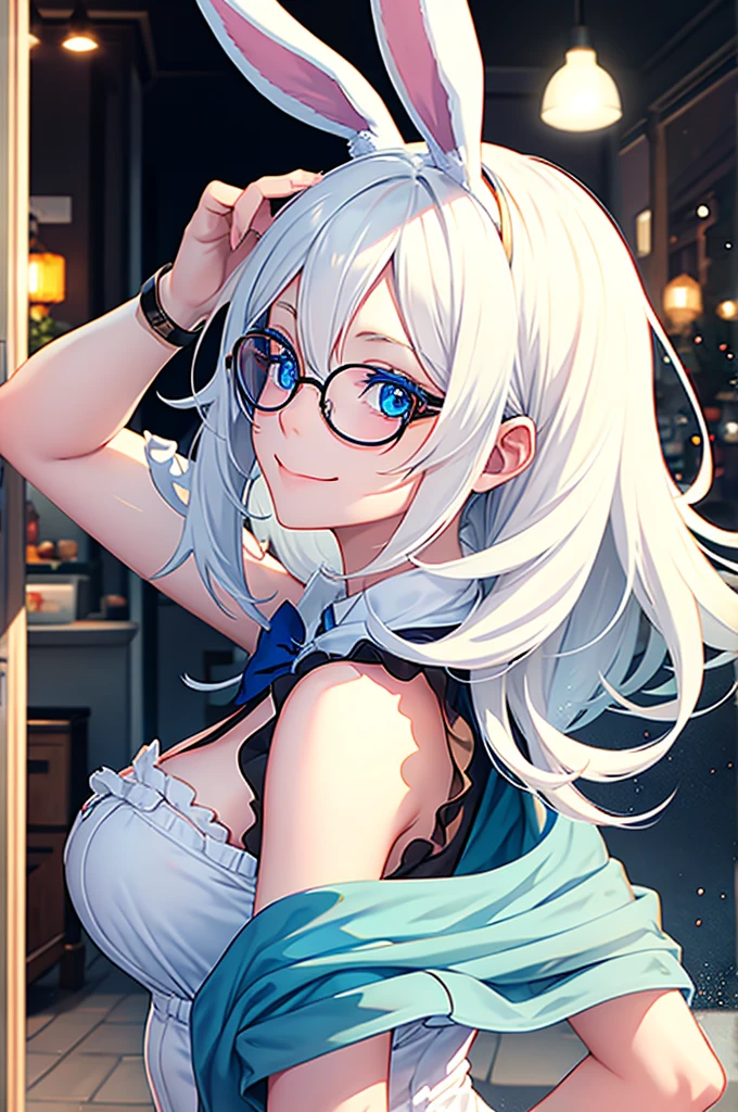 anime girl with bunny ears, White hair, blue eyes and round glasses looking at the viewer smiling