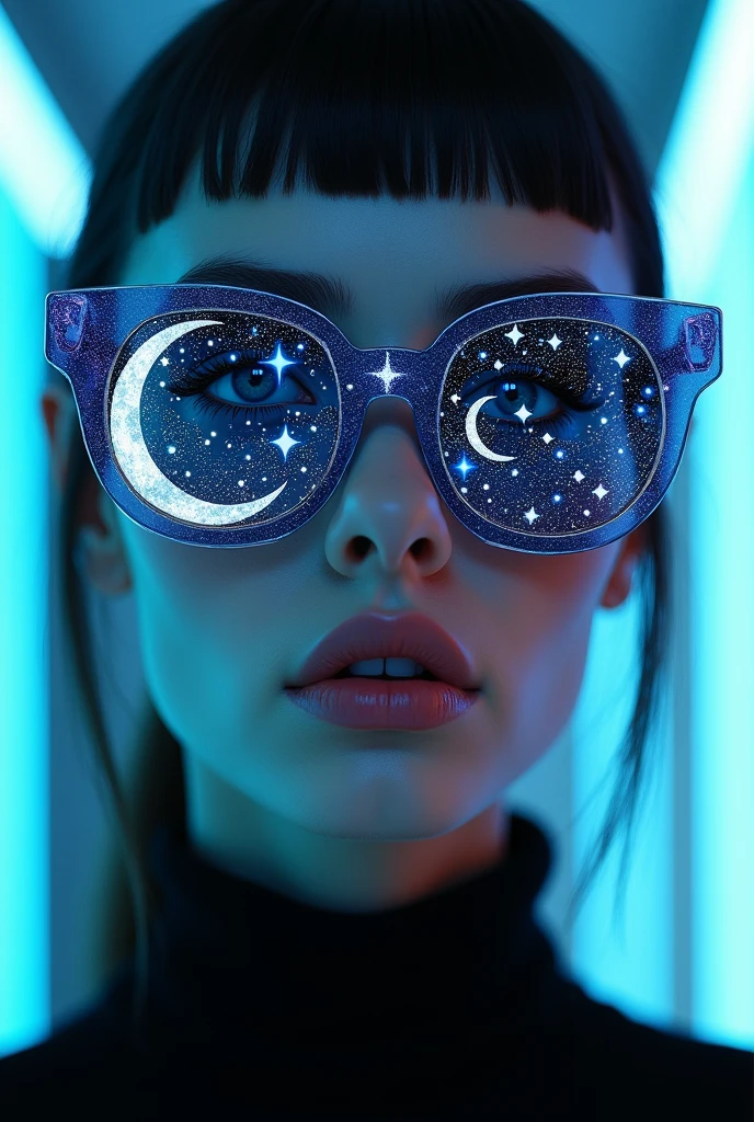 The model is wearing glass sunglasses with stars and the moon on the glass
