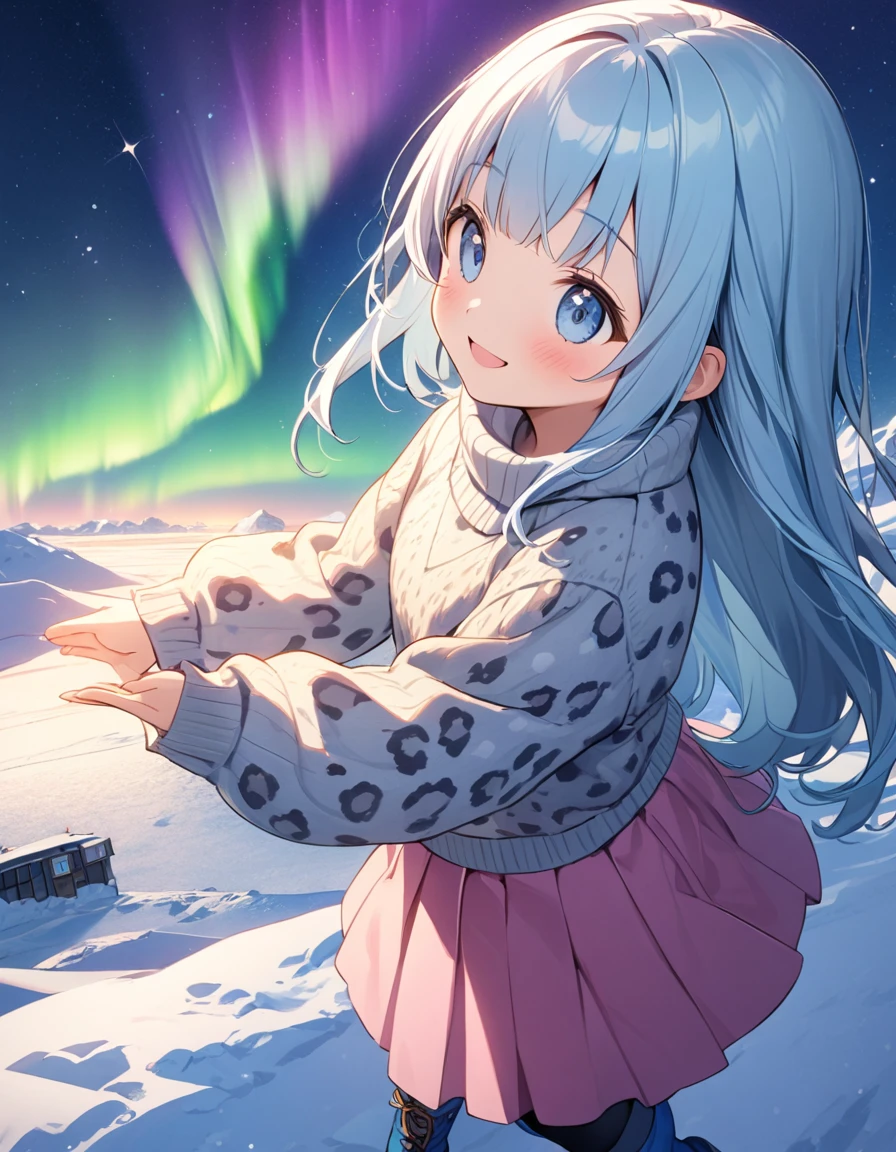 masterpiece, best quality, extremely detailed, (illustration, official art:1.1), 1 girl ,(((( light blue long hair)))), ,(((( light blue long hair)))),light blue hair, , long hair ((blush)) , cute face, big eyes, masterpiece, best quality,(((((a very delicate and beautiful girl))))),Amazing,beautiful detailed eyes,blunt bangs((((little delicate girl)))),tareme(true beautiful:1.2), sense of depth,dynamic angle,,,, affectionate smile, (true beautiful:1.2),,(tiny 1girl model:1.2),)masutepiece、One girl、Winter gear、Antarctic base、Looking up at the Northern Lights. She wears a leopardprint sweater, pink skirt, and blue boots. SPARKLE; GLITTER