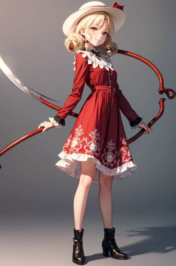 a drawing of an anime character in a red dress and boots with a large scythe, ((high end)), (UHD picture), (best quality,4k,8k,highres,masterpiece:1.2), top-quality(​masterpiece), top-quality, ultra-detailed, highly detailed texture, intricate details, high quality textures, masterpiece, best quality, perfect quality, perfect anatomy, perfect body, perfect symmetrical face, perfect hands, perfect feet, (two arms:1.2), (two legs:1.2), (five fingers each:1.2), (perfect joint:1.2), perfect joint movement, precise fingers and hands, 1 beautiful girl, 1 girl, alone, solo, , 10 years old, (((loli))), ((childish)), hat, white hat, blonde hair, long hair, parted bangs, drill hair, well-formed face, yellow eyes, maxi dress, red dress, dress, long sleeves, frills, long skirt, simple background, scythe, holding scythe, holding, white socks, smile, cute face, beautiful, holding scythe