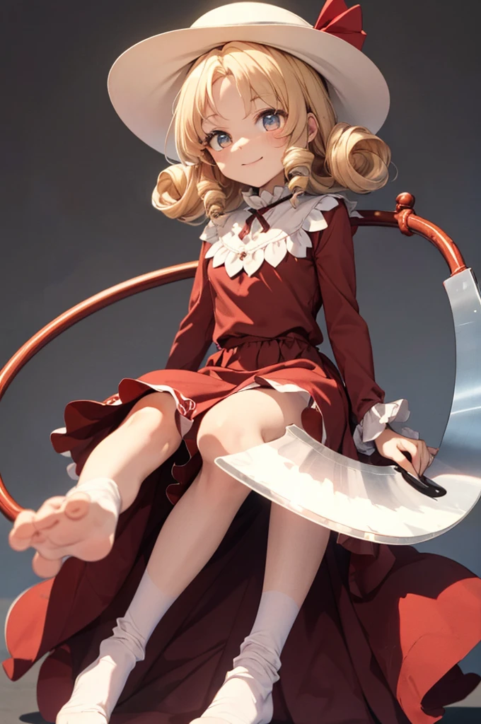 a drawing of an anime character in a red dress and boots with a large scythe, ((high end)), (UHD picture), (best quality,4k,8k,highres,masterpiece:1.2), top-quality(​masterpiece), top-quality, ultra-detailed, highly detailed texture, intricate details, high quality textures, masterpiece, best quality, perfect quality, perfect anatomy, perfect body, perfect symmetrical face, perfect hands, perfect feet, (two arms:1.2), (two legs:1.2), (five fingers each:1.2), (perfect joint:1.2), perfect joint movement, precise fingers and hands, 1 beautiful girl, 1 girl, alone, solo, , 10 years old, (((****))), ((childish)), hat, white hat, blonde hair, long hair, parted bangs, drill hair, well-formed face, yellow eyes, maxi dress, red dress, dress, long sleeves, frills, long skirt, simple background, scythe, holding scythe, holding, white socks, smile, cute face, beautiful, holding scythe