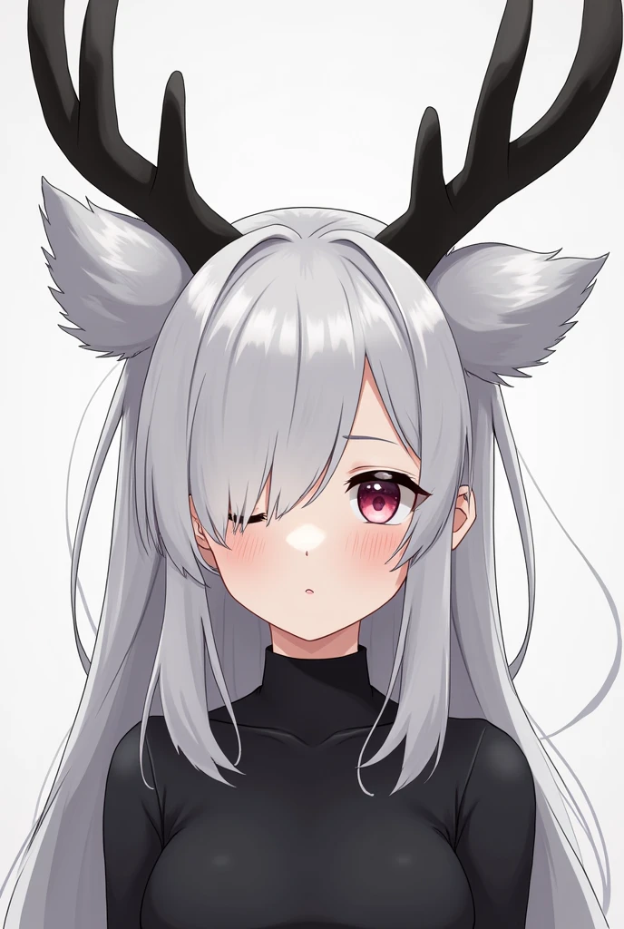 Fluffy hair, large black antlers, long bangs, one eye hidden, bangs in a bun,Illustration, UHD, Retinal, Masterpiece, Accurate, Anatomically Correct, Super Detail, High Detail, High Quality, Award Winning, Top Quality, High Resolution, Good Anatomy, 1080P, HD, 4K, 8K, 16K, 1girl, Dynamic Pose, Upper Body Portrait, Detailed Eyes, ((Tactile Eye)), Detailed Black Dress detailed hair, rendering, 5 fingers, portrait, idaro, pretty wife, BREAK, long grey hair, straight hair, bangs, side bangs,