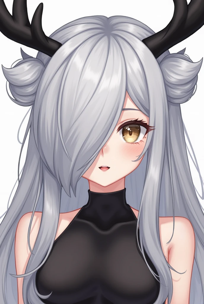 Fluffy hair, large black antlers, long bangs, one eye hidden, bangs in a bun,Illustration, UHD, Retinal, Masterpiece, Accurate, Anatomically Correct, Super Detail, High Detail, High Quality, Award Winning, Top Quality, High Resolution, Good Anatomy, 1080P, HD, 4K, 8K, 16K, 1girl, Dynamic Pose, Upper Body Portrait, Detailed Eyes, ((Tactile Eye)), Detailed Black Dress detailed hair, rendering, 5 fingers, portrait, idaro, pretty wife, BREAK, long grey hair, straight hair, bangs, side bangs,