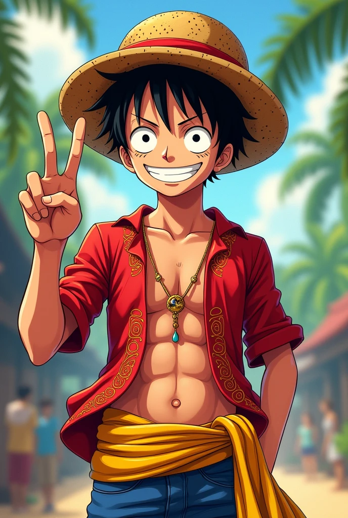 Luffy wearing barong tagalog with peace sign