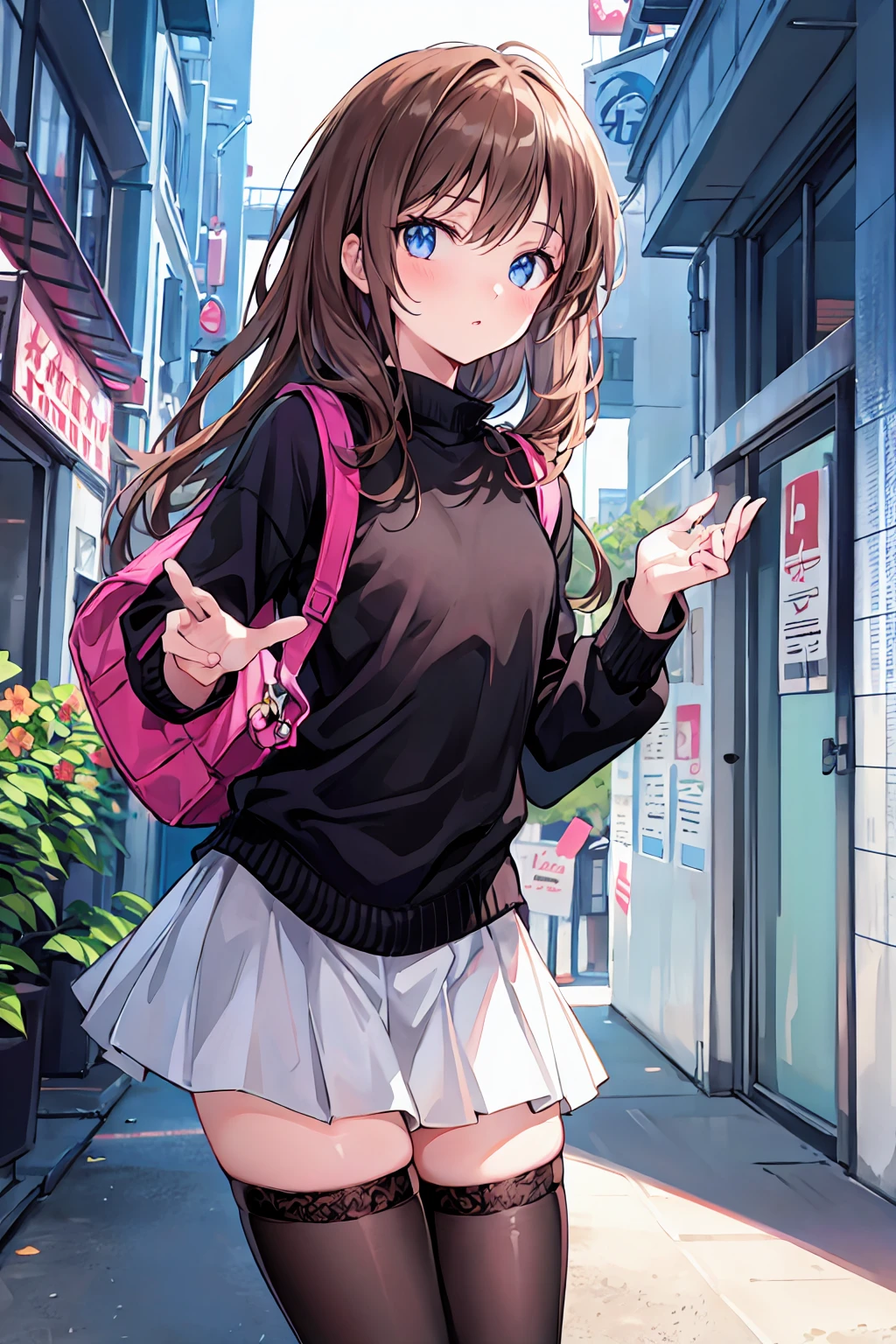 Product quality, 1 girl, Cowboy Shot, Front view, Young and pretty girl in Japan, Summer sky,early summer,,decoration, Wearing a black summer sweater, Wearing a mini skirt, Super cute face, Glossy Lips, Double eyelids on both eyes, (Natural Makeup), shiny smooth light brown hair with long hair,, Asymmetrical bangs, Center image, 8k resolution, Attention to detail, Detailed hairstyle, Detailed face, Cinema Lighting, Octane Rendering, Ultra-realistic, Perfect limbs, Perfect Anatomy, Small breasts,Flat chest