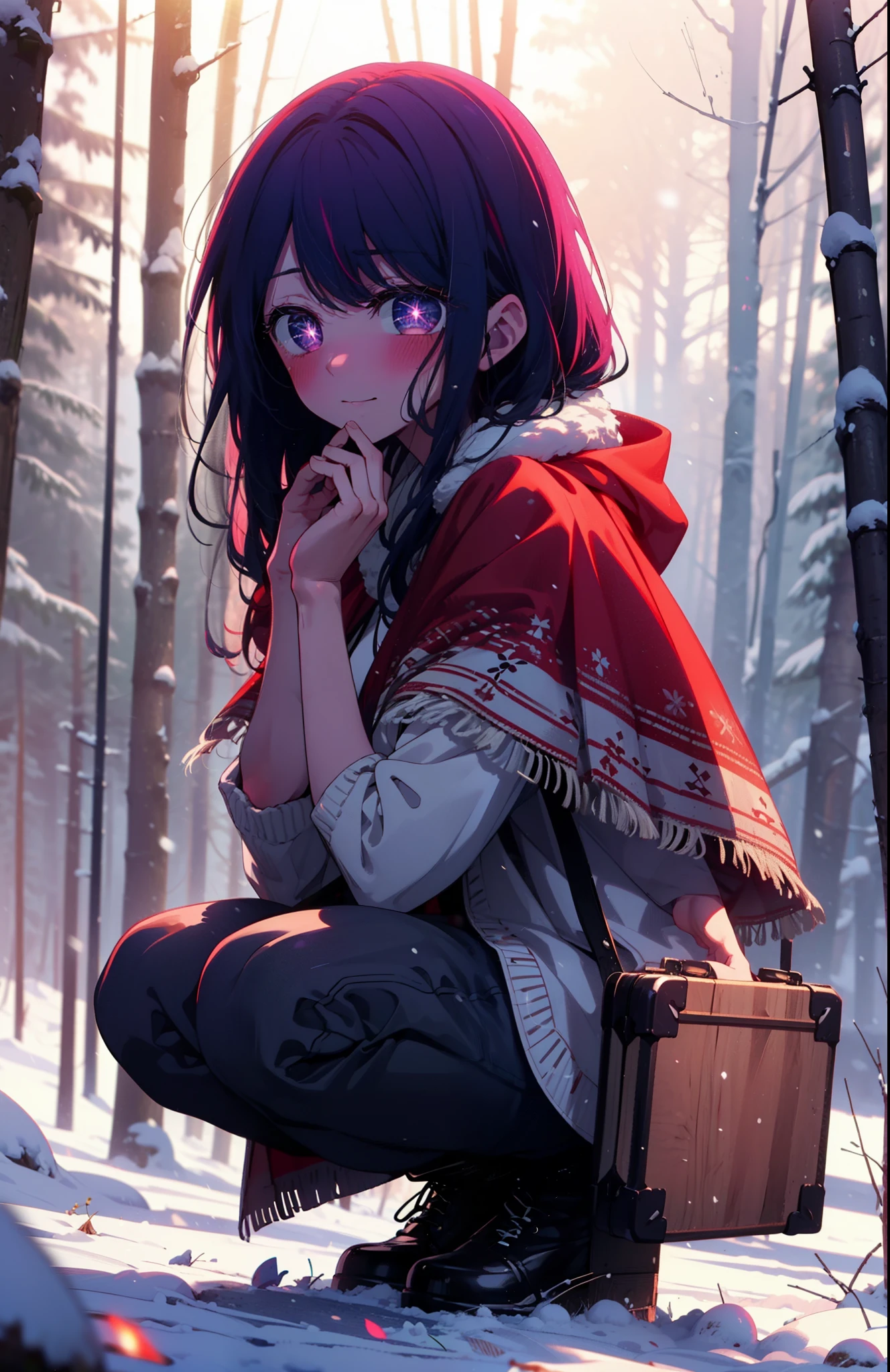 aihoshino, Ai Hoshino, Long Hair, bangs, (Purple eyes:1.1), Purple Hair, (Symbol-shaped pupil:1.5), smile,,smile,blush,white breath,
Open your mouth,snow,Ground bonfire, Outdoor, boots, snowing, From the side, wood, suitcase, Cape, Blurred, , forest, White handbag, nature,  Squat, Mouth closed, Cape, winter, Written boundary depth, Black shoes, red Cape break looking at viewer, Upper Body, whole body, break Outdoor, forest, nature, break (masterpiece:1.2), Highest quality, High resolution, unity 8k wallpaper, (shape:0.8), (Beautiful and beautiful eyes:1.6), Highly detailed face, Perfect lighting, Extremely detailed CG, (Perfect hands, Perfect Anatomy),