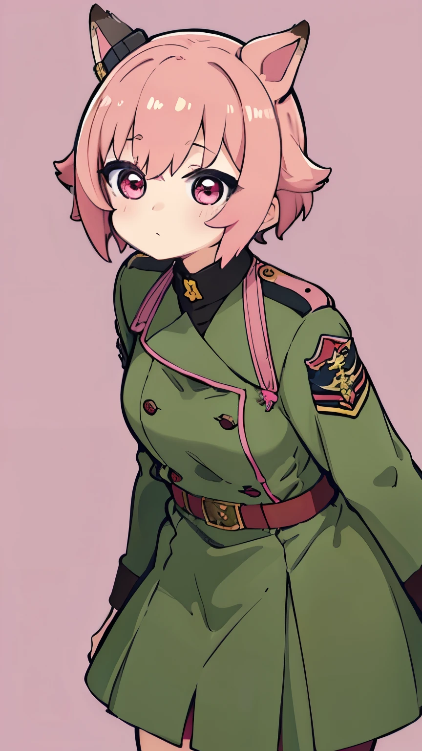 Simple style of plain colors: one woman with short magenta pink hair, short fox ears, red and pink eyes, wearing a World War II uniform Dark green in color.Front view, character looking forward.