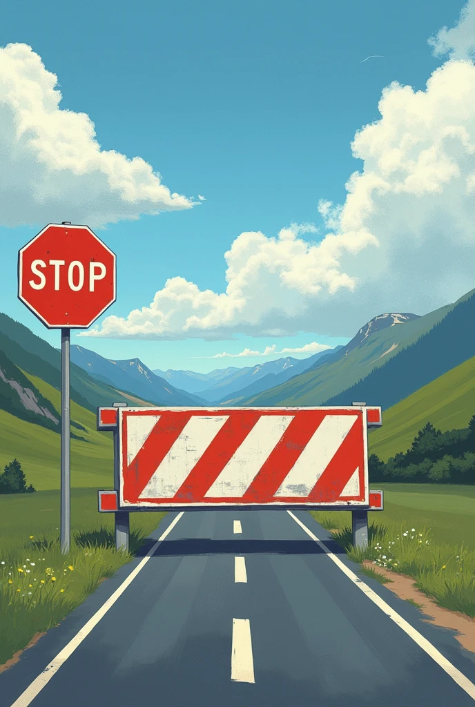 A road blocked with a sign "stop", representing the barriers to competition, or a chart of a market with a downward line, indicating state inefficiency and paternalism.

