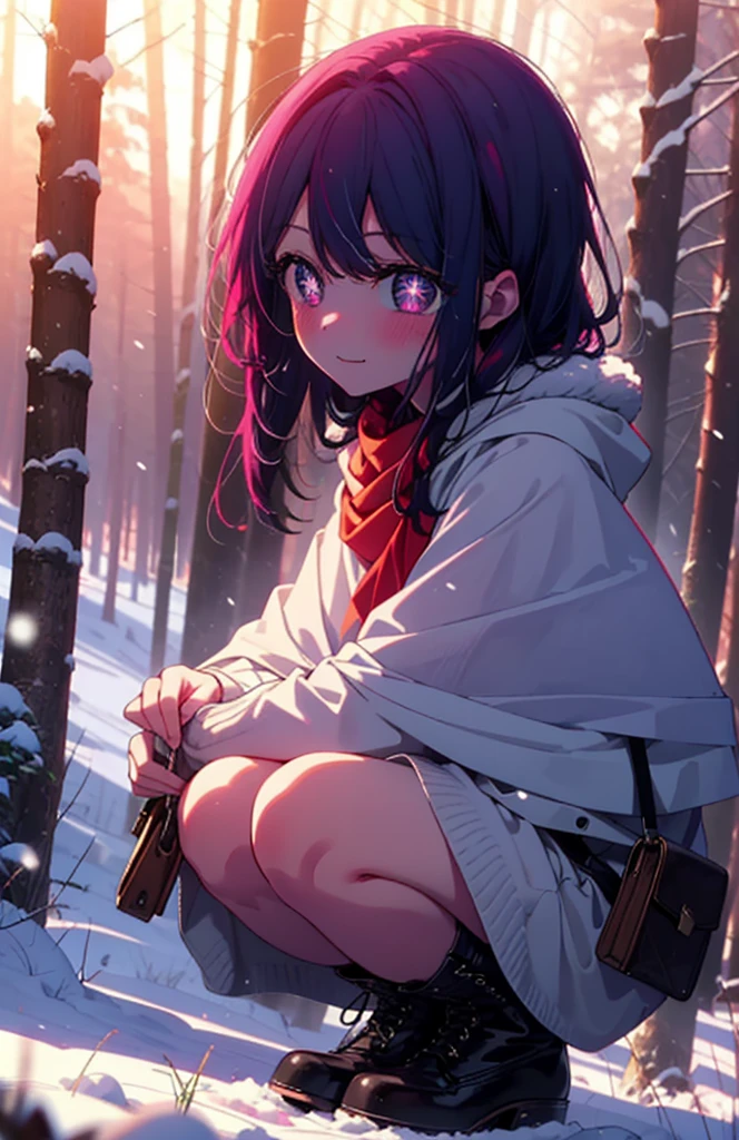 aihoshino, Ai Hoshino, Long Hair, bangs, (Purple eyes:1.1), Purple Hair, (Symbol-shaped pupil:1.5), smile,,smile,blush,white breath,
Open your mouth,snow,Ground bonfire, Outdoor, boots, snowing, From the side, wood, suitcase, Cape, Blurred, , forest, White handbag, nature,  Squat, Mouth closed, Cape, winter, Written boundary depth, Black shoes, red Cape break looking at viewer, Upper Body, whole body, break Outdoor, forest, nature, break (masterpiece:1.2), Highest quality, High resolution, unity 8k wallpaper, (shape:0.8), (Beautiful and beautiful eyes:1.6), Highly detailed face, Perfect lighting, Extremely detailed CG, (Perfect hands, Perfect Anatomy),