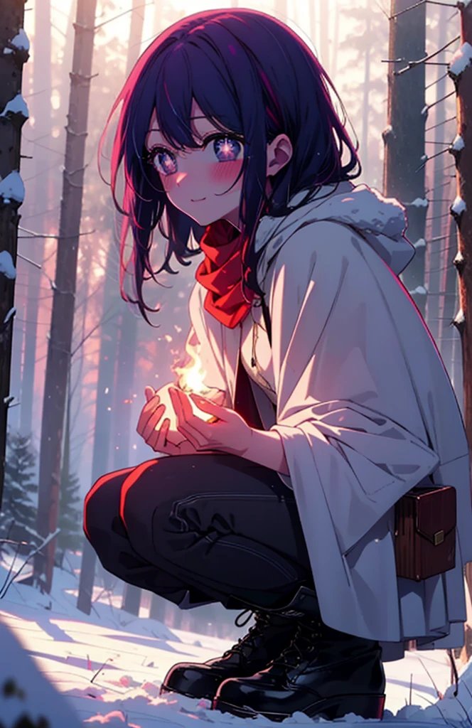 aihoshino, Ai Hoshino, Long Hair, bangs, (Purple eyes:1.1), Purple Hair, (Symbol-shaped pupil:1.5), smile,,smile,blush,white breath,
Open your mouth,snow,Ground bonfire, Outdoor, boots, snowing, From the side, wood, suitcase, Cape, Blurred, , forest, White handbag, nature,  Squat, Mouth closed, Cape, winter, Written boundary depth, Black shoes, red Cape break looking at viewer, Upper Body, whole body, break Outdoor, forest, nature, break (masterpiece:1.2), Highest quality, High resolution, unity 8k wallpaper, (shape:0.8), (Beautiful and beautiful eyes:1.6), Highly detailed face, Perfect lighting, Extremely detailed CG, (Perfect hands, Perfect Anatomy),