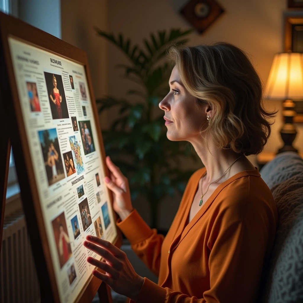 Create A 40-year-old woman looking at a vision board or dream map at home, with images of personal and professional achievements. The scene should be cozy, with warm tones of brown and orange, showing a personal and intimate environment.
