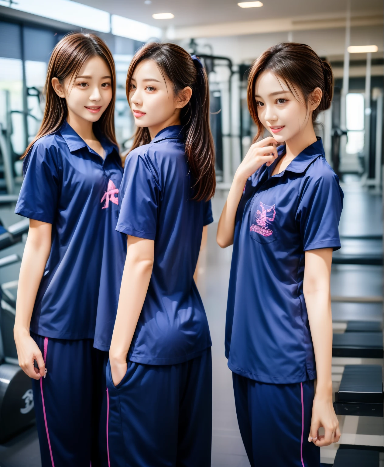 3 girls in fitness center, Navy blue short-sleeved shirt,Navy Long Trackpant,Sweatpants, Sweatpantsขายาว,25 year old girl, lesbian, sexy, exercise clothes, wet body, exercise clothes