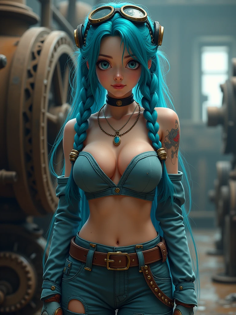((very realistic)), (Best quality, 4k, Masterpiece :1.3), 1girl, high quality, cosplay jinx, cosplayer, long hair, blue hair, twin braids, slim figure, parted lips, smiling, beautiful face, (large breasts), cleavage, perfect lips, sagging natural large size breasts, (covered breasts), body mole, Take a photo from below the knees at a face angle, beautiful detailed face, perfect and beautiful double eyelids, aroused, passion, choker, crop top, fingerless gloves, detached sleeves, single sleeve, belt, nail polish, tattoo, pants, boots, striped, perfect hand, (natural lighting:1.1), detailed skin, on the street, (steampunk), scenery, steampunk room engine, repairing engine, gears, cogs, steam, boots, overalls, goggles, dirty face, standing, machinery, oil on floor, dirty floor