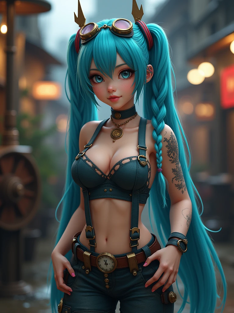 ((very realistic)), (Best quality, 4k, Masterpiece :1.3), 1girl, high quality, cosplay jinx, cosplayer, long hair, blue hair, twin braids, slim figure, parted lips, smiling, beautiful face, (large breasts), cleavage, perfect lips, sagging natural large size breasts, (covered breasts), body mole, Take a photo from below the knees at a face angle, beautiful detailed face, perfect and beautiful double eyelids, aroused, passion, choker, crop top, fingerless gloves, detached sleeves, single sleeve, belt, nail polish, tattoo, pants, boots, striped, perfect hand, (natural lighting:1.1), detailed skin, on the street, (steampunk), scenery, steampunk room engine, repairing engine, gears, cogs, steam, boots, overalls, goggles, dirty face, standing, machinery, oil on floor, dirty floor