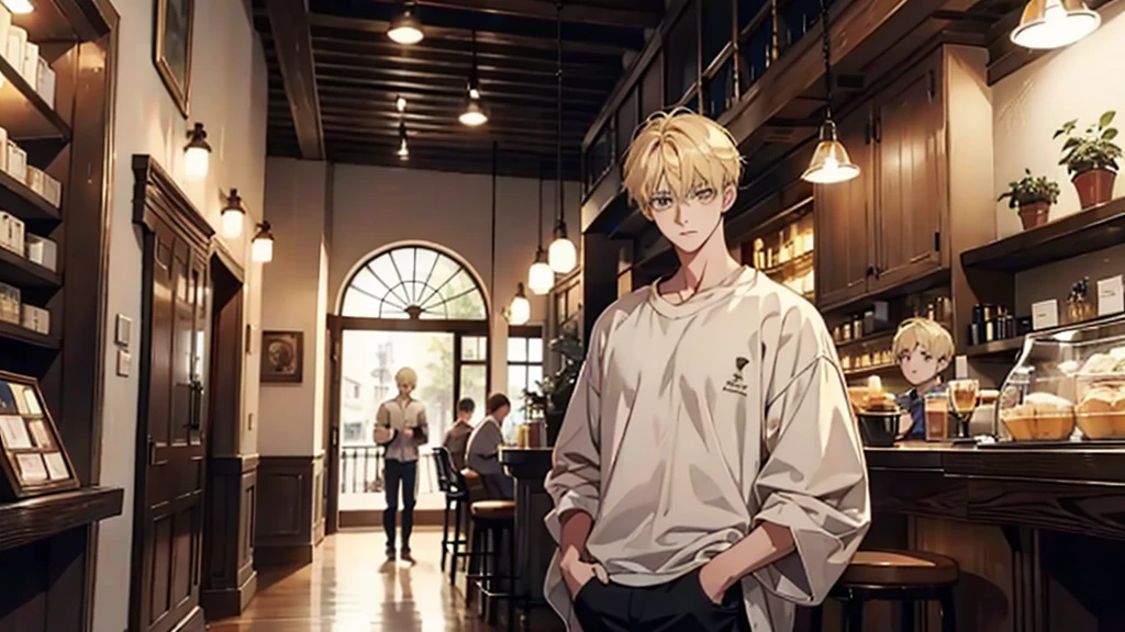 1 boy, blond hair, brown eyes, clear eyes, serious looking, tall, lean, casual clothes, looking at the viewer, waiting at a cozy café, standing at the left side, high res, ultrasharp, 8k