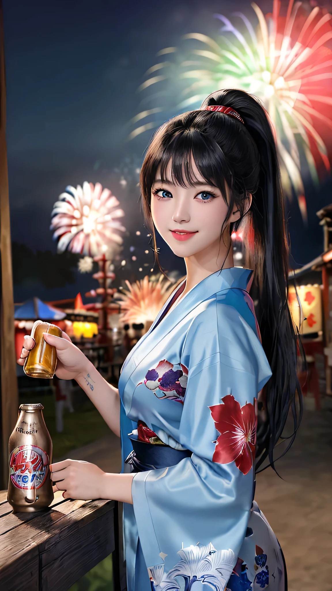 最high quality、Best image quality、masterpiece、With a girl((cute、20-year-old、Best Bust、???????????、Beautiful Blue Eyes、Spread your ????? wide,Black Hair、ponytail、Disheveled Hair、thin、Highest Valley、Red yukata、smile、Beer を持つ、Drunk)）high quality、Beautiful art、background((night、festival、stall、Fireworks、Beer )),Tabletop、Exquisite design、Visual Arts、Written boundary depth、Best lighting、Highest detail、8ｋ