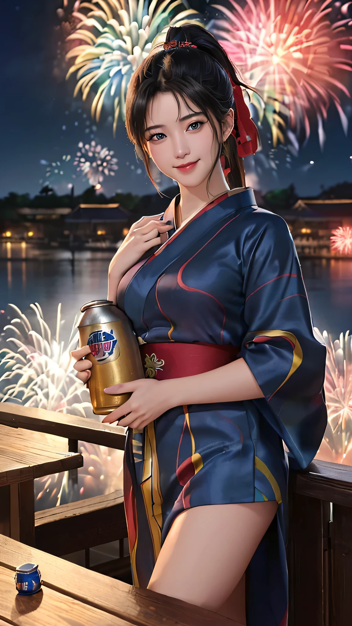 最high quality、Best image quality、masterpiece、With a girl((cute、20-year-old、Best Bust、Medium Bust、Beautiful Blue Eyes、Spread your chest wide,Black Hair、ponytail、Disheveled Hair、thin、Highest Valley、Red yukata、smile、Beer を持つ、Drunk)）high quality、Beautiful art、background((night、festival、stall、Fireworks、Beer )),Tabletop、Exquisite design、Visual Arts、Written boundary depth、Best lighting、Highest detail、8ｋ