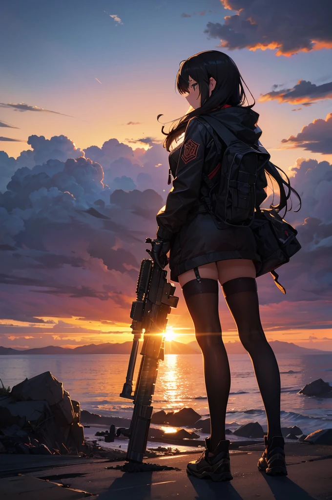 Cityscape, building, Skyline, sunset, Silhouette with cumulonimbus clouds in the background, meditation. Watching the beautiful sunset, sunset時に, sunset時, sunsetとともに, In the sunset, Nice views, Sunset view, With the sunset, sunset時に, During Golden Hour, looking sunset時に, Sunset in the background, Watching the sunset, In the spotlight, holding_gun, assault_rifle, Very detailed, Anime Style, whole body, alone, Stylish Gunfighter Girl, Holding a steampunk long barrel pistol, The background is a dark and desolate landscape, Horror movie atmosphere. Her figure is very beautiful, Emphasizing the dark and crazy elements. Skillfully expressing the effects of light and shadow, Anime girls with guns and rifles, from Girls' Frontline