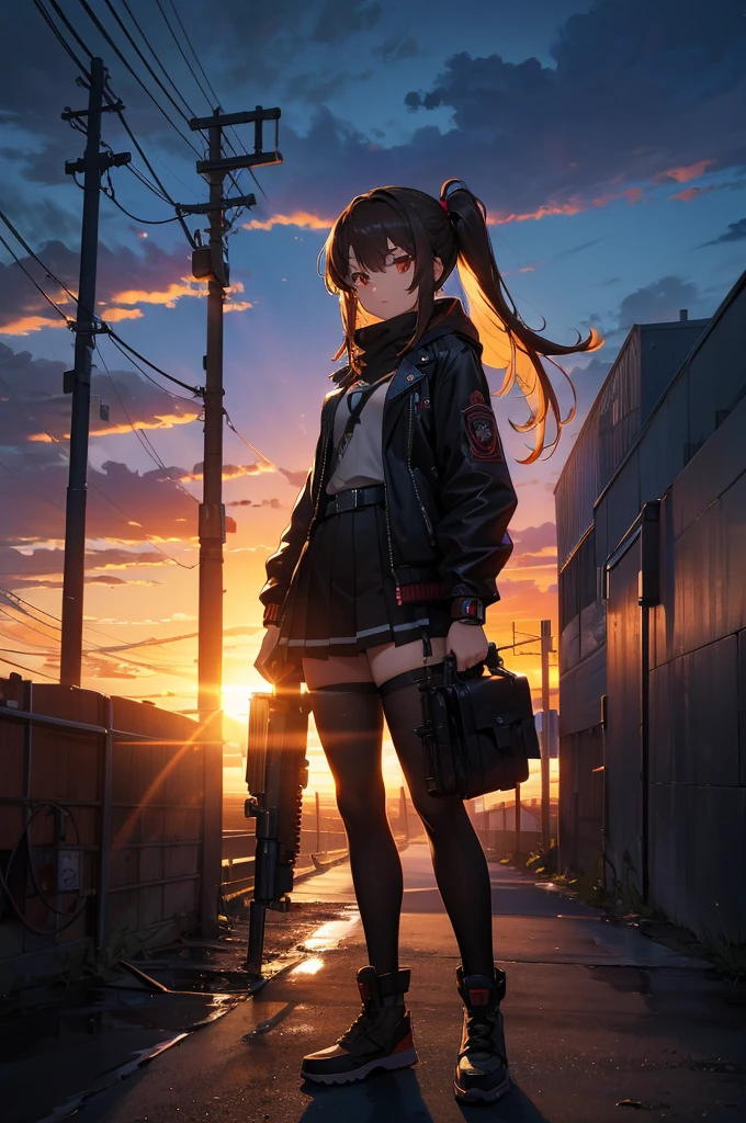 Cityscape, building, Skyline, sunset, Silhouette with cumulonimbus clouds in the background, meditation. Watching the beautiful sunset, sunset時に, sunset時, sunsetとともに, In the sunset, Nice views, Sunset view, With the sunset, sunset時に, During Golden Hour, looking sunset時に, Sunset in the background, Watching the sunset, In the spotlight, holding_gun, assault_rifle, Very detailed, Anime Style, whole body, alone, Stylish Gunfighter Girl, Holding a steampunk long barrel pistol, The background is a dark and desolate landscape, Horror movie atmosphere. Her figure is very beautiful, Emphasizing the dark and crazy elements. Skillfully expressing the effects of light and shadow, Anime girls with guns and rifles, from Girls' Frontline
