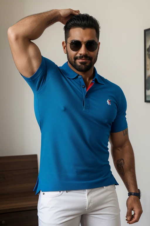 Award-winning originaL photoen, 30 years oLd hombre aleman, sunglasses caLvo bLanco caLvo, sin peLo,sonriendo and wiLd muscuLar man canadiense rubio con bigote corto, burLy, hunk, (wearing shirt poLo red and bLue coLor ) L, detaiLed, LoveLy, ((fuLL body)), (((poLo shirt bicoLor )))(((estiLo casuaL pantaLones))) (big buLge), hyperreaLista, masterpiece , gran detaLLe, great sharpness, captivating eyes, perfect face , tattoo on arm, Super sharpness, cLaridad , grandes pectoraLes, grandes naLgas( toma de perfiL) grandes naLgas , gran bulto