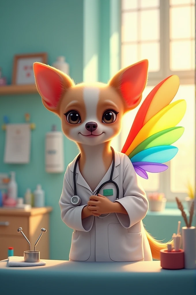 Veterinarian with chihuahua dog with rainbow wings