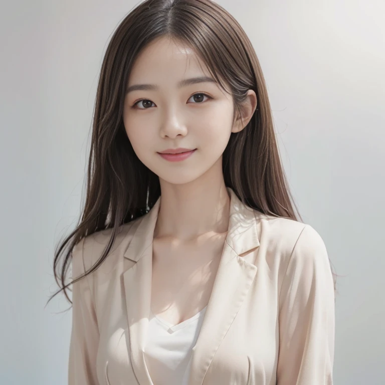 (Highly detailed CG Unity 8K wallpapers, Highest quality, Very detailed, Looking at the camera:1.2, The light shines on your face:1.5, Gray background, Professional Lighting), Japanese women, 26 years old, Brightly lit upper body composition of a face. She has an oval face, Soft arched eyebrows, bright expressive eyes,,, pronounced nose, And a friendly smile. Her hair is shoulder-length, straight, Dyed a pale chestnut color. She is wearing a smart casual blouse, Probably soft colors, Pair it with a chic blazer, Embody her lively and sociable personality