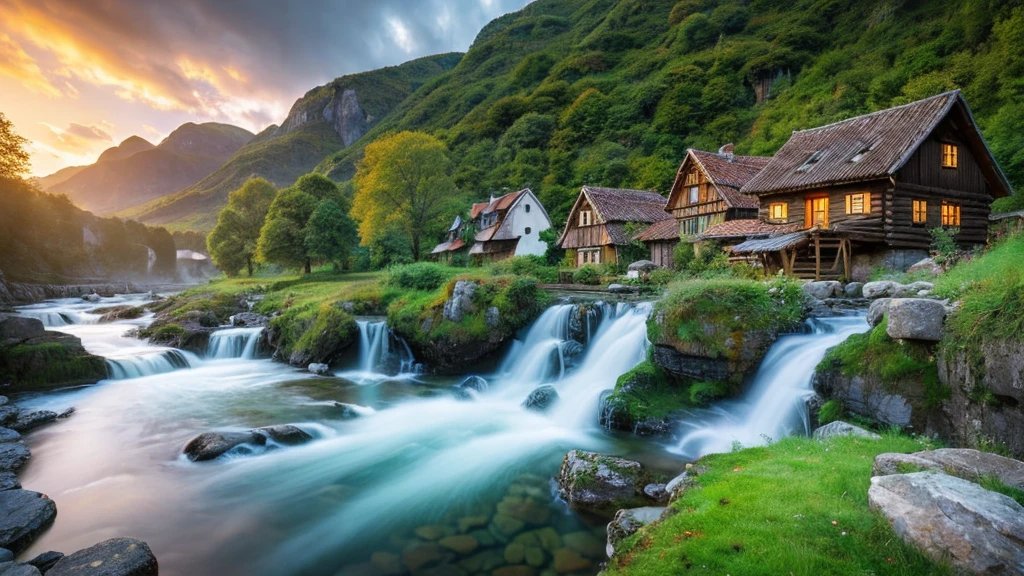 Danish Old Village, mystical nature, Rivers, Mountains and forests, waterfall, cloud, Photorealistic photos, It&#39;s not 8k. Aerial view.