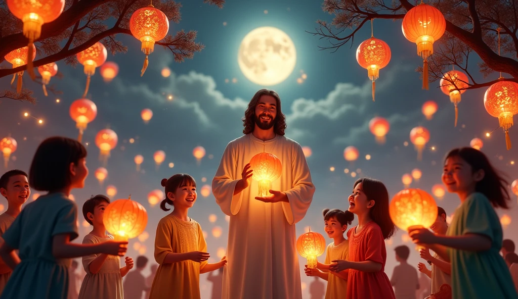 image of a Mid-Autumn Festival night in Vietnam with a bright full moon in the sky, sparkling lanterns hanging everywhere. There is Jesus and a group of children holding lanterns to play.