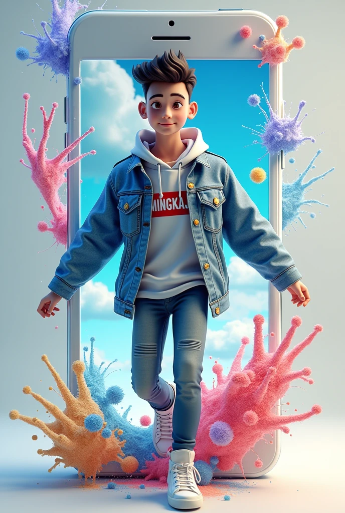 Create a 3D illustration of realistic age boy character walk out from social media. The character must wear casual modern clothing such as jeans jacket “(MINGKAJ)” name on it, and sneakers, splash colours water effect.The background is social media profile with a user name “(MINGKAK)” And profile picture of him and beautiful sky profile cover